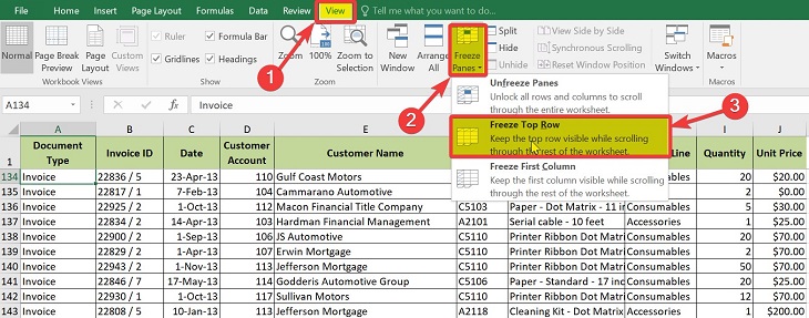 Cố định nhiều dòng tiêu đề trong Excel bước 2